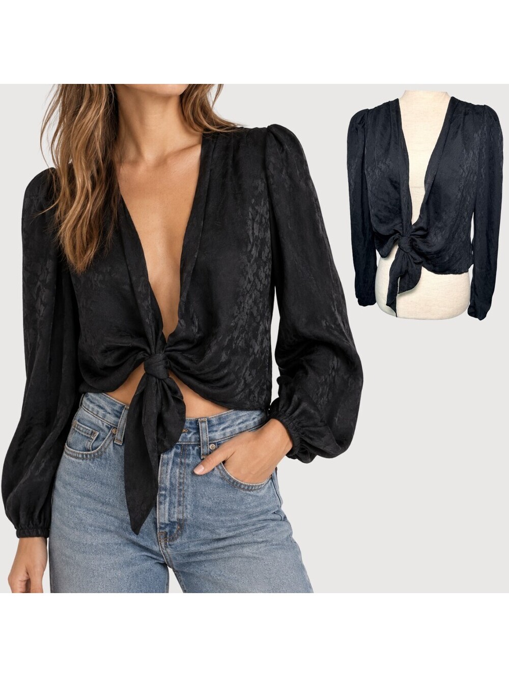 Reformation Black Silk Jacquard Tie Front Blouse Size S